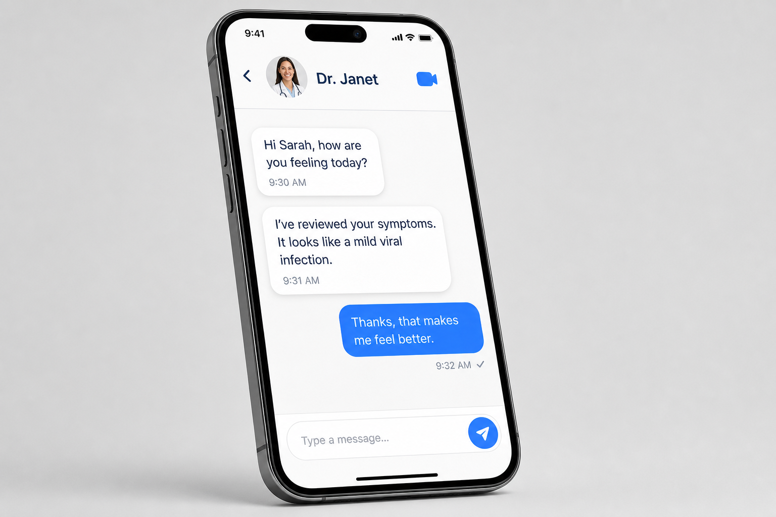 HealthPay doctor chat screen with a video call action in the app bar