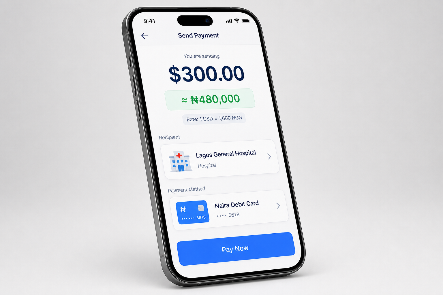 HealthPay cross-border payment screen showing a USD to Naira conversion