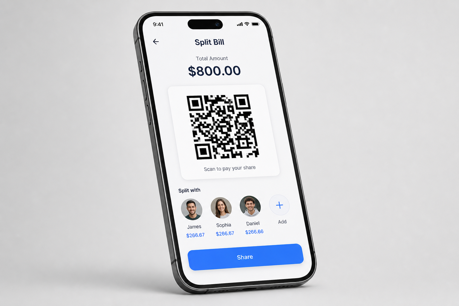 HealthPay split bill screen showing a QR code and family member shares